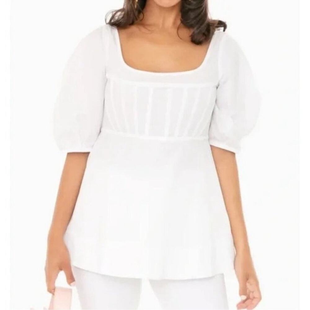 Tuckernuck White Nealy‎ Scoop Neck Puff Sleeve Corset Peplum Blouse Sz XS Preppy